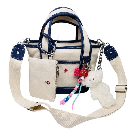 Viral Madden Girl Mushroom Canvas Mini Tote Crossbody Bag Charms & Keychain - Picture 1 of 11